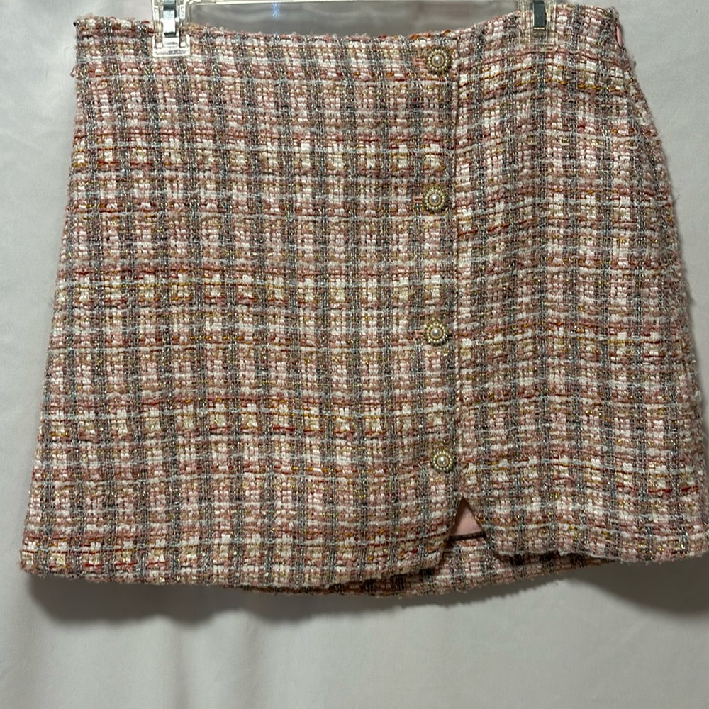 House of Harlow 1960 Boucle Tweed Mini Skirt with Crystal/Pearl Buttons NWT